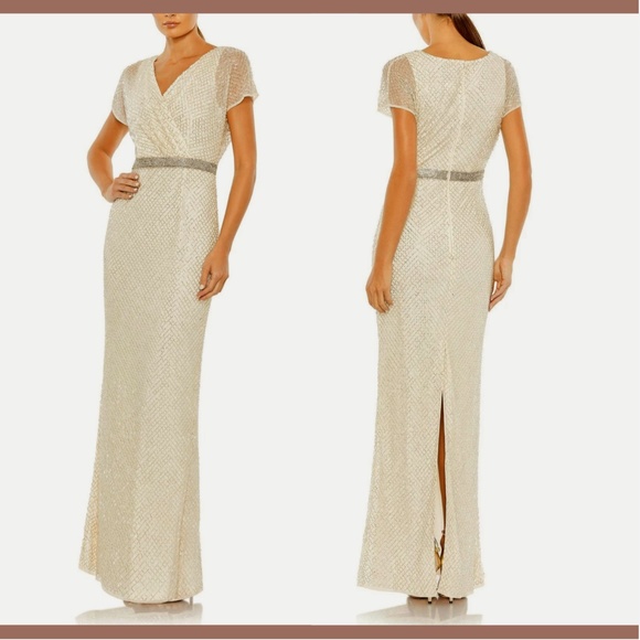 NWT $698 Mac Duggal [ 16 ] Beaded Butterfly‎ Sleeve Column Gown Nude/Silver - Picture 1 of 16